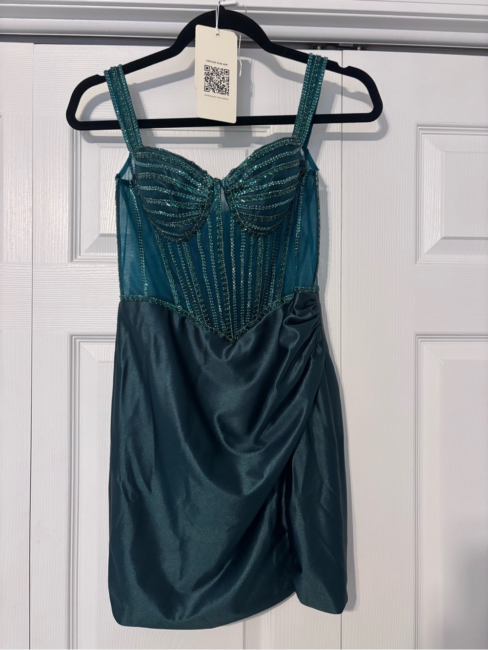 Beaded Emerald Green Custom Bustier Prom Dress with Satin Skirt